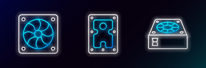 Canvas Print - Set line Computer cooler, and Hard disk drive HDD icon. Glowing neon. Vector