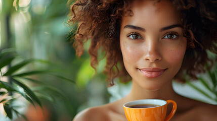 Wall Mural - portrait of a black woman with cup coffee