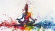 © Alpa - Painting of a woman sitting cross-legged in a meditation position with colorful paint splashes on a white background