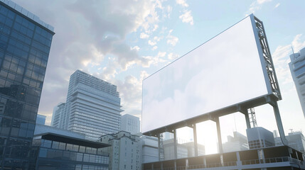 Wall Mural - Blank billboard on an urban high-rise, 3D rendered, showcasing the skyline for dramatic ads.