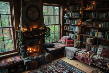 Poster - Warm, inviting home library with a lit fireplace and comfortable seating by large windows