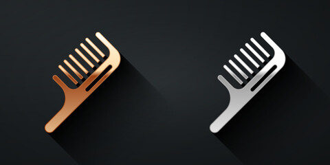 Wall Mural - Gold and silver Hairbrush icon isolated on black background. Comb hair sign. Barber symbol. Long shadow style. Vector