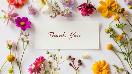 Neatly arranged 'Thank You' card surrounded by a vibrant selection of different flowers on white background
