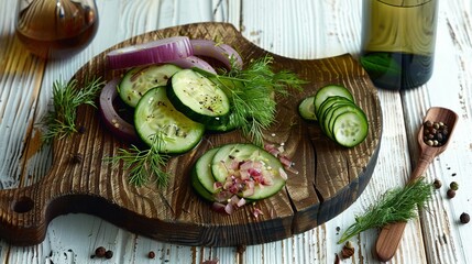 Sticker -   A cutting board with cucumbers, onions, and dill on it adjacent to a bottle of wine