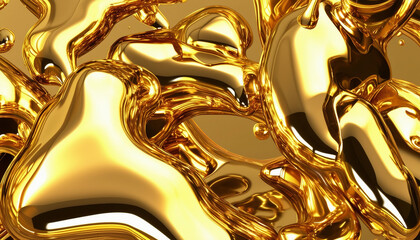 Poster - Y2K Melty gold chrome shapes isolated. Spilled liquid metal drops. Futuristic metallic puddles.