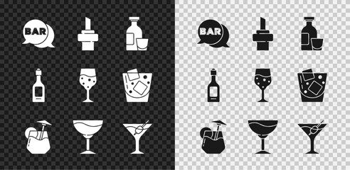 Wall Mural - Set Street signboard with Bar, Wooden cork for wine, Alcohol drink Rum, Cocktail, Wine glass, Martini, Champagne bottle and Glass of champagne icon. Vector