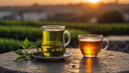 Wall Mural - A mug of green tea standing on a stone table against a sunset background