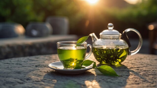 A mug of green tea standing on a stone table against a sunset background