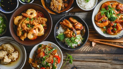 Wall Mural - Traditional dinner meal dishes on table during family gathering party to celebrate Chinese lunar new year.