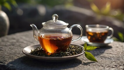 Wall Mural - A mug of black tea standing on a stone table against a sunset background