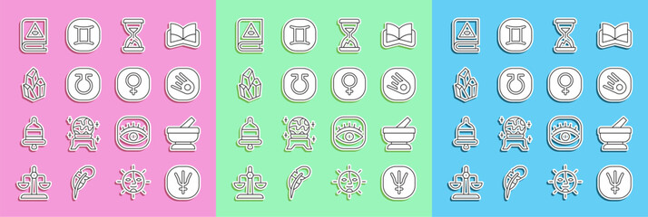 Sticker - Set line Neptune planet, Mortar and pestle, Comet falling down fast, Old hourglass with sand, Life, Magic stone, Ancient magic book and Venus icon. Vector