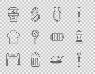 Wall Mural - Set line Barbecue grill, fork, Meat tongs, Salt, Brick stove, Kitchen thermometer, Roasted turkey chicken and Pepper icon. Vector