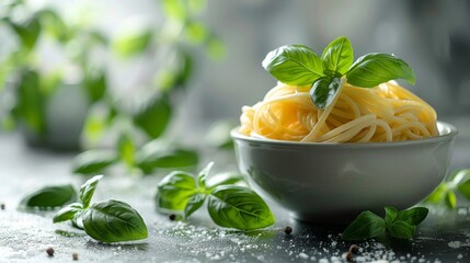 Wall Mural - spaghetti pesto, healthy food, home cooking, green stew, healthy food, simplistic art on white background 