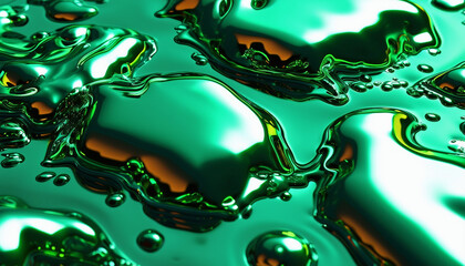 Poster - Y2K Melty green chrome shapes isolated. Spilled liquid metal drops. Futuristic metallic puddles