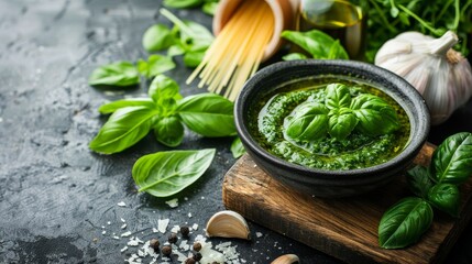 spaghetti pesto, healthy food, home cooking, green stew, healthy food, simplistic art on white background 