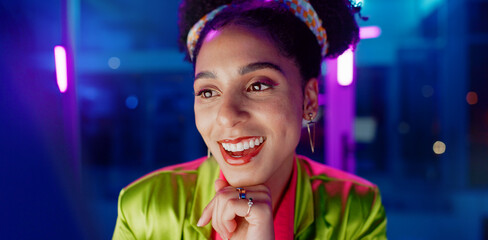 Fototapete - Woman, night and excited in office with neon, tablet or scroll for reading with problem solving at coding job. Person, girl and developer with click for programming, solution or creative for software