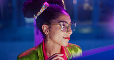 Poster - Fashion, typing and woman in office for creative job in company, smile and happiness with glasses. Female person, happy and technology for business as designer, entrepreneur and workplace for girl