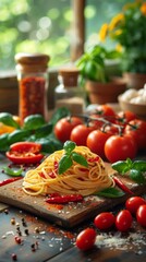 Wall Mural - spaghetti pesto, healthy food, home cooking, green stew, healthy food, simplistic art on kitchen background 