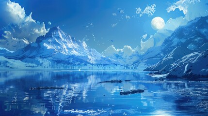 Blue Landscape. Winter Scene with Icy Lake and Snow-Capped Mountains at Dusk