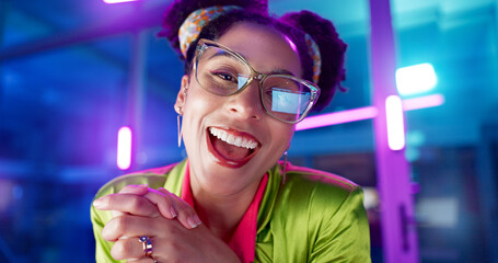 Fototapete - Face, computer and neon with programmer woman in office at night for coding or developing. Portrait, smile or happy young game developer sitting at desk in workplace with virtual system update