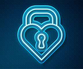 Sticker - Glowing neon line Castle in the shape of a heart icon isolated on blue background. Locked Heart. Love symbol and keyhole sign. Happy Valentines day. Vector