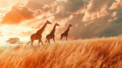 Poster -   Three giraffes stroll in a tall grass field under cloudy skies with sunlight filtering through