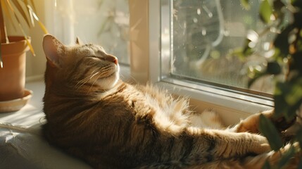 Poster - AI generated illustration of a cat lounging on a windowsill next to a potted plant