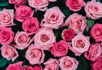 Sticker - AI generated illustration of a cluster of pink roses with green leaves