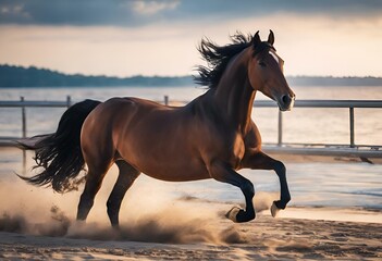 Sticker - AI generated illustration of a brown horse galloping in sandy terrain, kicking up a cloud of dust