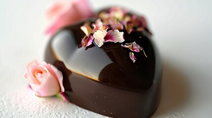 Sticker -   Close-up of a heart-shaped chocolate with flowers on its side and a pink rose adjacent to it