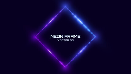 Poster - Neon Rhombus Frame. Blue and Purple Neon Lights Rectangle Sign. Abstract Cyberpunk Background Tunnel Portal. Geometric Glow Outline Shape. Abstract Vector Background With Space For Your Text.