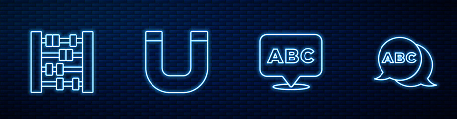 Wall Mural - Set line Alphabet, Abacus, Magnet and . Glowing neon icon on brick wall. Vector