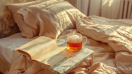 Sticker -   An open book and a cup of tea on a marble tray in a cozy bedroom with a light-colored comforter