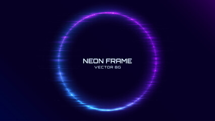 Poster - Neon Circle Frame. Blue and Purple Neon Lights Round Sign. Abstract Cyberpunk Background Tunnel Portal. Geometric Glow Outline Shape. Abstract Vector Background With Space For Your Text.