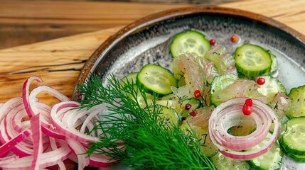 Wall Mural -   A dish of cucumbers, onions, and dill on a wood table near a cutting tool