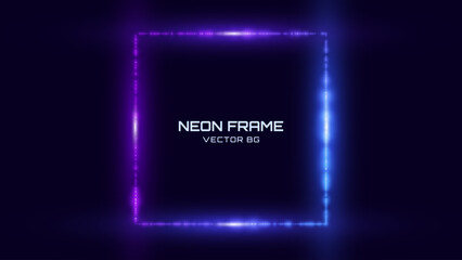 Poster - Neon Square Frame. Blue and Purple Neon Lights Rectangle Sign. Abstract Cyberpunk Background Tunnel Portal. Geometric Glow Outline Shape. Abstract Vector Background With Space For Your Text.