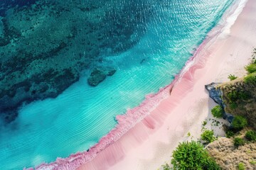 Wall Mural - Blue Ocean. Aerial View of Pink Beach with Pristine Sand in Komodo Islands, Indonesia