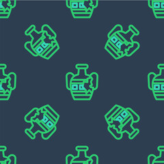 Sticker - Line Broken ancient amphorae icon isolated seamless pattern on blue background. Vector