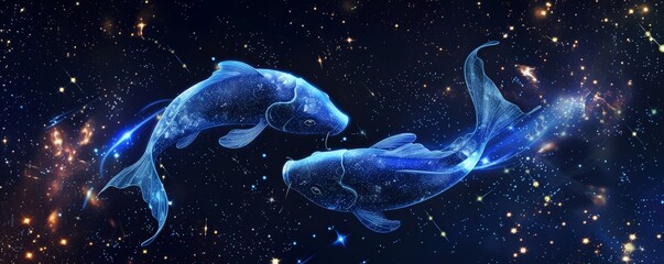 Pisces constellation represented by two fish connected in a starry night sky