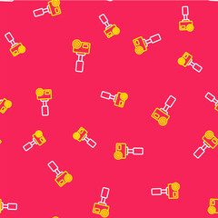 Sticker - Line Action extreme camera icon isolated seamless pattern on red background. Video camera equipment for filming extreme sports. Vector