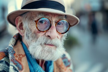 Wall Mural - Portrait of a senior gentleman showcasing unique fashion with a vintage hat and elegant eyeglasses