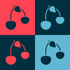 Poster - Pop art Cherry icon isolated on color background. Fruit with leaf symbol. Vector