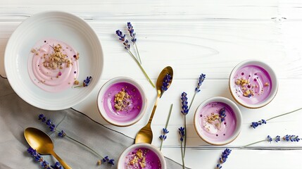 Canvas Print -   A table laden with bowls of food and utensils beside an oatmeal bowl and spoons