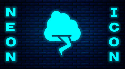 Poster - Glowing neon Storm icon isolated on brick wall background. Cloud and lightning sign. Weather icon of storm. Vector