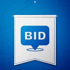 Canvas Print - Blue Bid icon isolated on blue background. Auction bidding. Sale and buyers. White pennant template. Vector