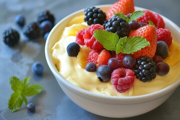 Poster - Colorful bowl of mixed berries and fruit with yogurt garnished with mint, ideal for a healthy breakfast