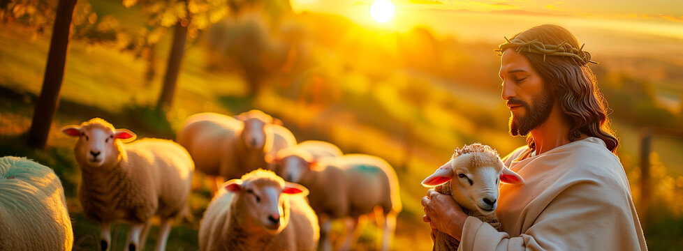 a close-up image of Jesus Christ gently holding a lamb in his arms, with a flock of sheep nearby and a beautiful sunset casting a warm glow over the scene, Jesus Christ, Shepherd,