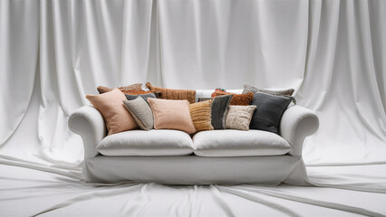 Wall Mural - A sleek white sofa complemented by pillows against a clean white backdrop.
