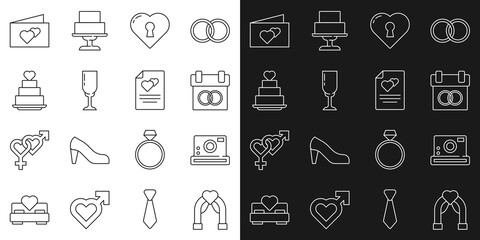 Canvas Print - Set line Wedding arch, Photo camera, Calendar, Heart with keyhole, Glass of champagne, cake heart, Greeting card and icon. Vector