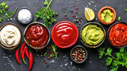 Wall Mural - A variety of sauces showcased in bowls. Perfect for culinary inspiration. Fresh, vibrant, and diverse. Ideal for kitchen, recipe, and culinary blogs. Culinary delight at its best. AI